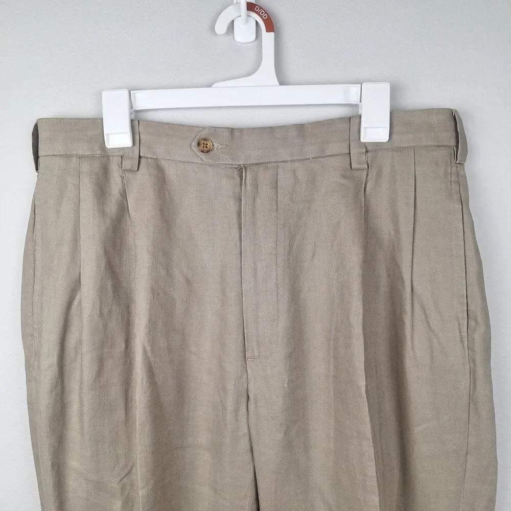 Vintage Jos A Bank Pants Mens 36x30 Linen Cuff Pleated Traveller's Collection